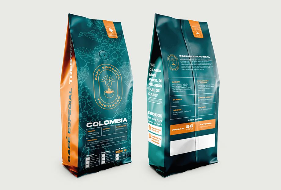 diseño de empaque cafe tres tintos hecho por la quinta agencia